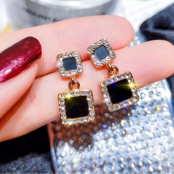 Black CZ Crystal Square Earrings - Picture 1 of 4